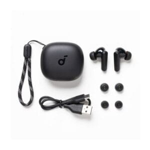 Anker Soundcore R50i True Wireless Earbuds alongside a sleek black charging case on a white background.